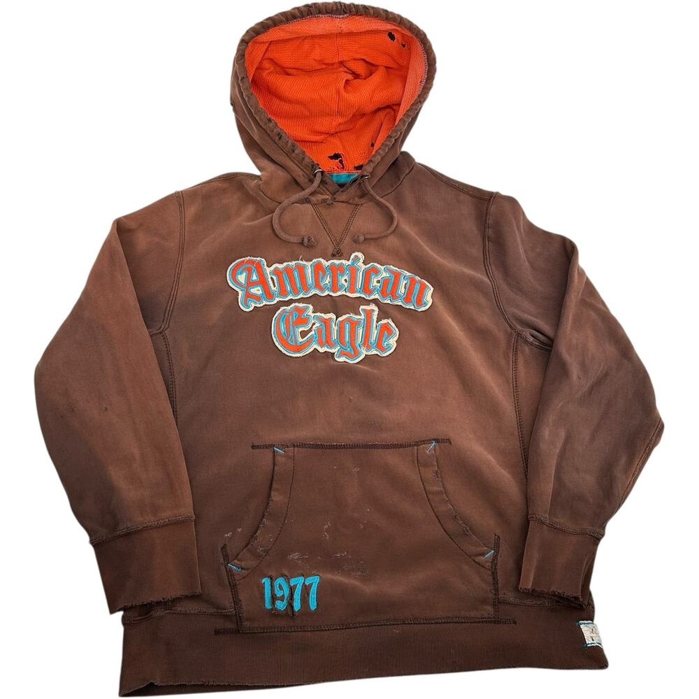 Vintage y2k Mens Faded Brown Distressed American Eagle Reverse Weave Hoodie Sz L